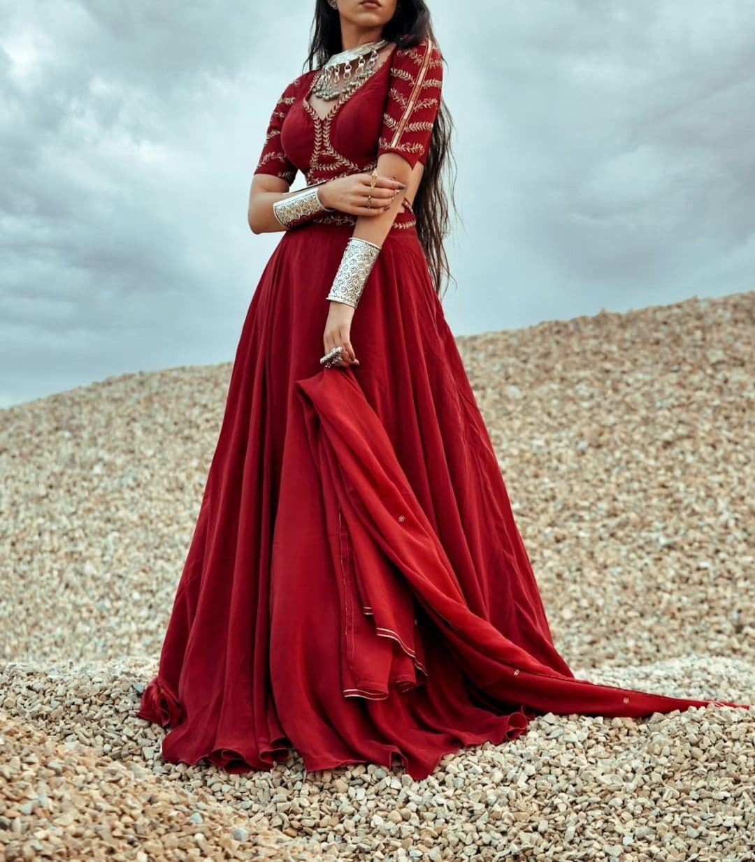 A woman in a red dress