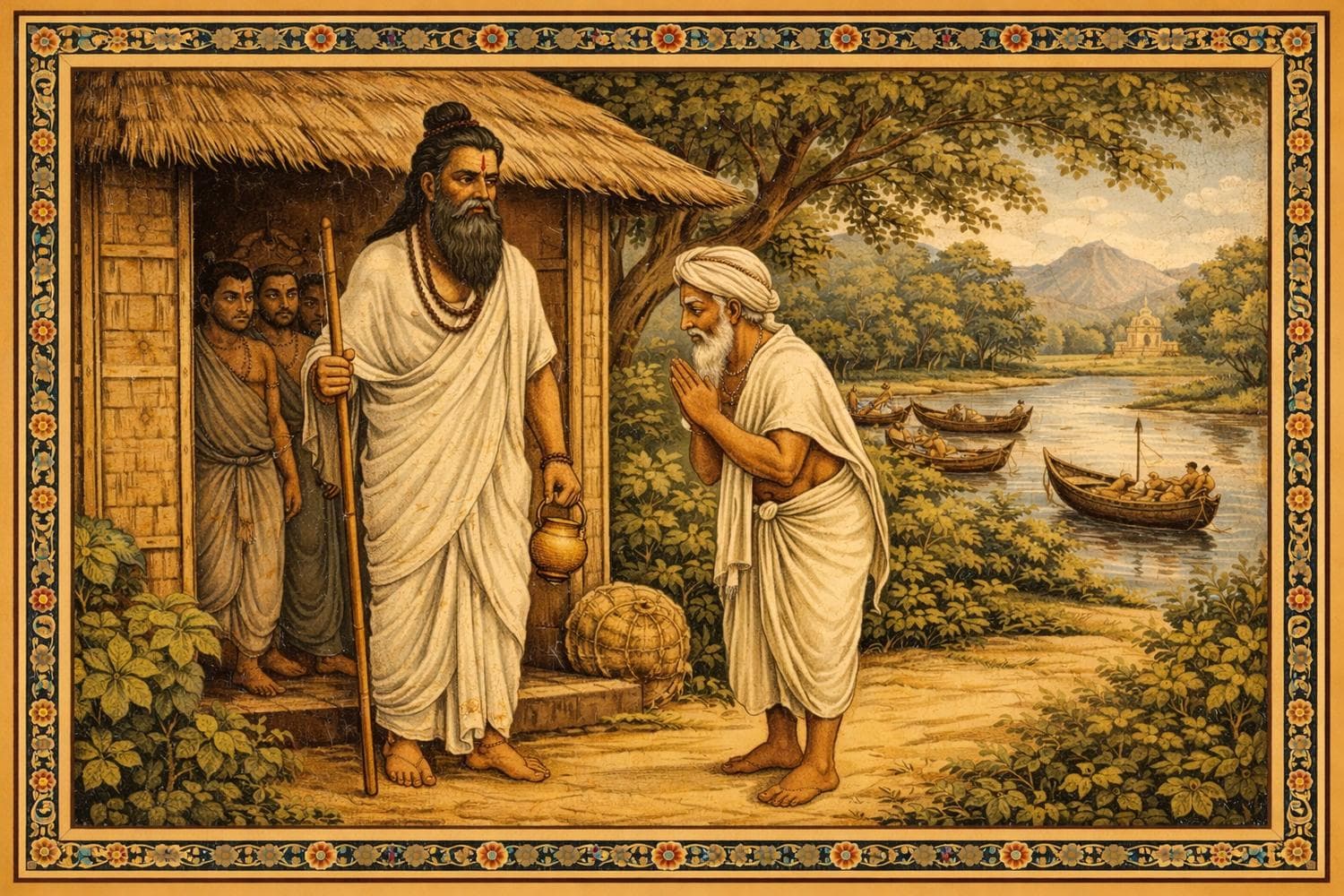 Maharishi Parashara being greeted by Fisherman’s chief (Reimagined with AI)