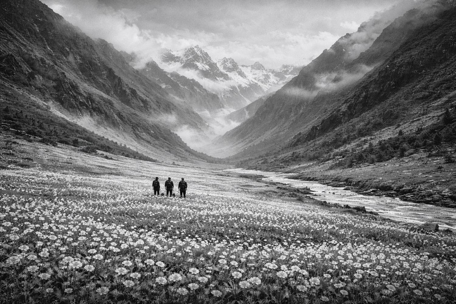 Three lost mountaineers mesmerized by the Valley of Flowers (Reimagined with AI)