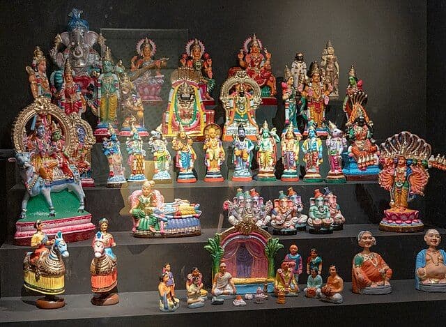 Image of Golu dolls of Gods and Goddesses arranged in a tiered display